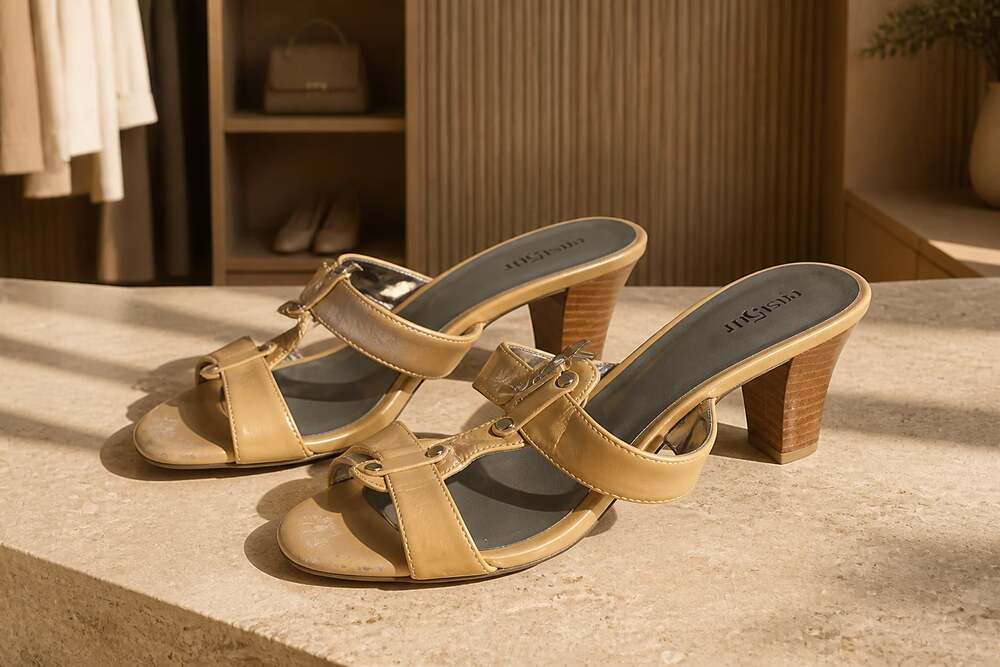 East 5th Beige Faux Leather Block Heel Mules Sandals w/Buckle Detailing, Size 8